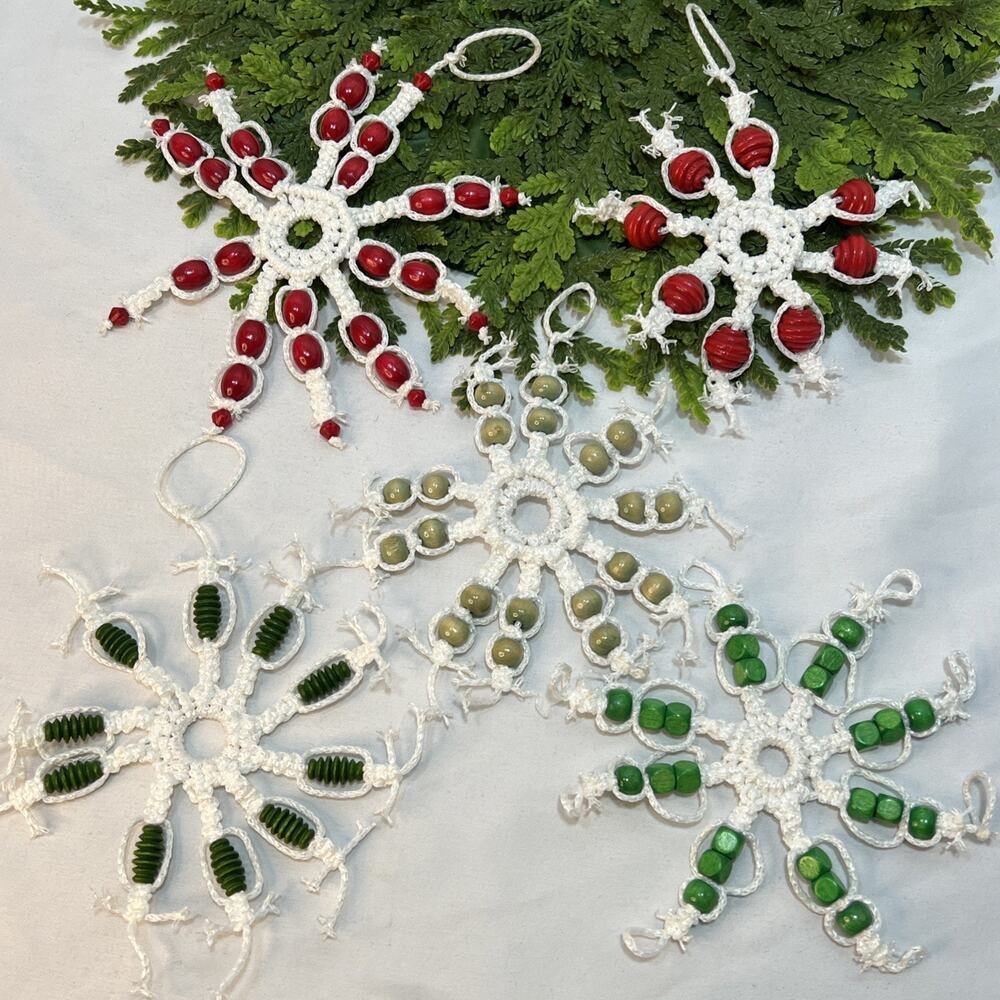 Vintage Lot of 5 Large Snowflake Christmas Ornaments Macrame Wooded Beads White